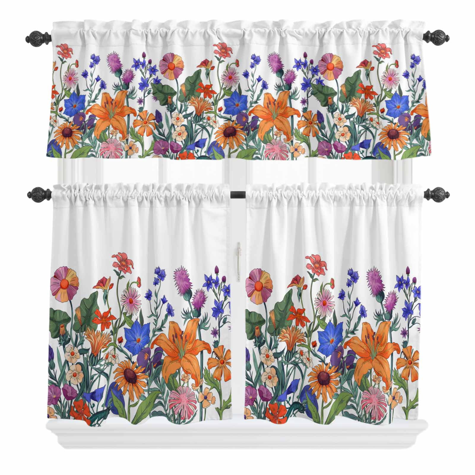 3 Piece Kitchen Curtains and Valances Set Spring Floral Cafe Curtains