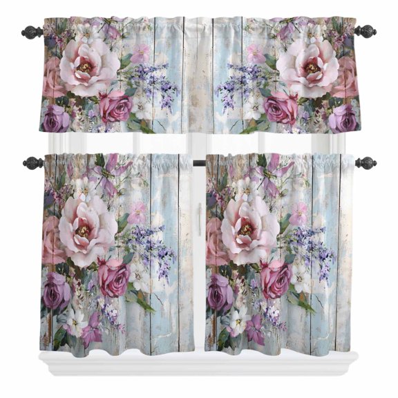 3 Piece Kitchen Curtains and Valances Set Spring Floral Cafe Curtains 24 Inch Length Wildflower Pastoral Leaves Wooden Grain Valance & Tier Curtain for Living Room Bedroom Window 54"x18"+27"x24"*2
