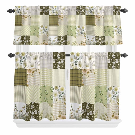 3 Piece Kitchen Curtains and Valances Set Spring Floral Cafe Curtains 24 Inch Length Yellow Flowers Botanical Patchwork Grid Bohemia Valance & Tier Curtain for Living Room Bedroom 54"x18"+27"x24"*2