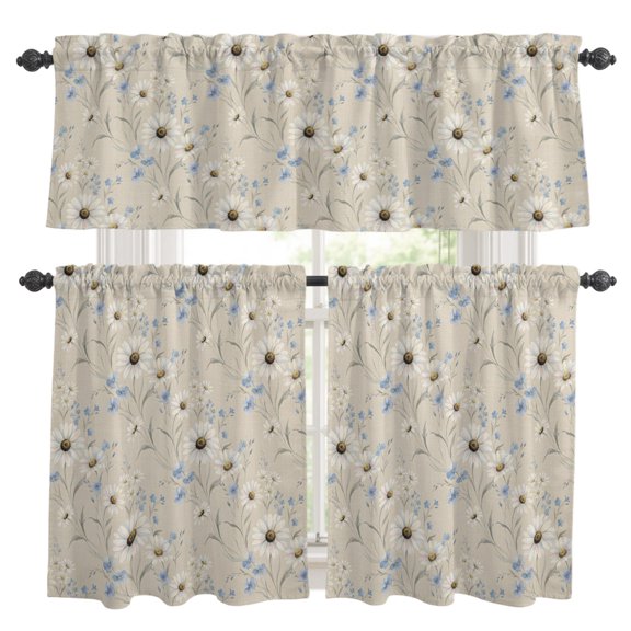 3 Piece Kitchen Curtains and Valances Set Spring Floral Cafe Curtains 36 Inch Length Retro Rustic Wildflower Botanical Beige Valance & Tier Curtain for Living Room Bedroom Window 54"x18"+27"x36"*2