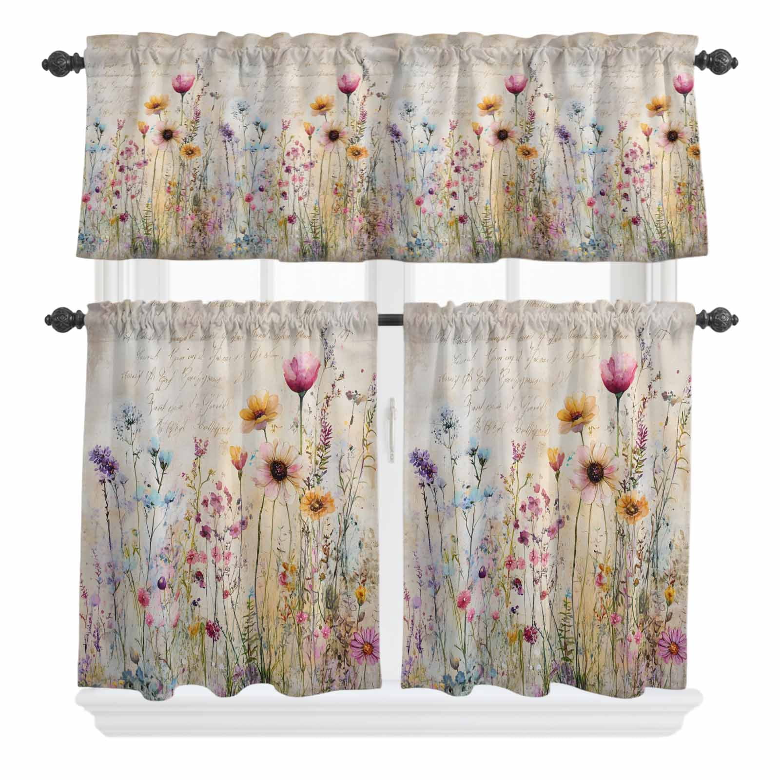 3 Piece Kitchen Curtains and Valances Set Spring Floral Cafe Curtains