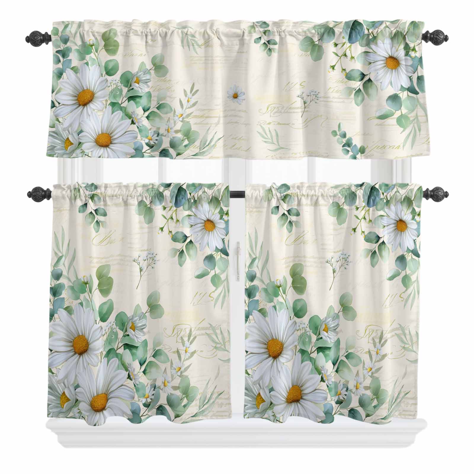 3 Piece Kitchen Curtains and Valances Set Spring Floral Daisy Cafe ...
