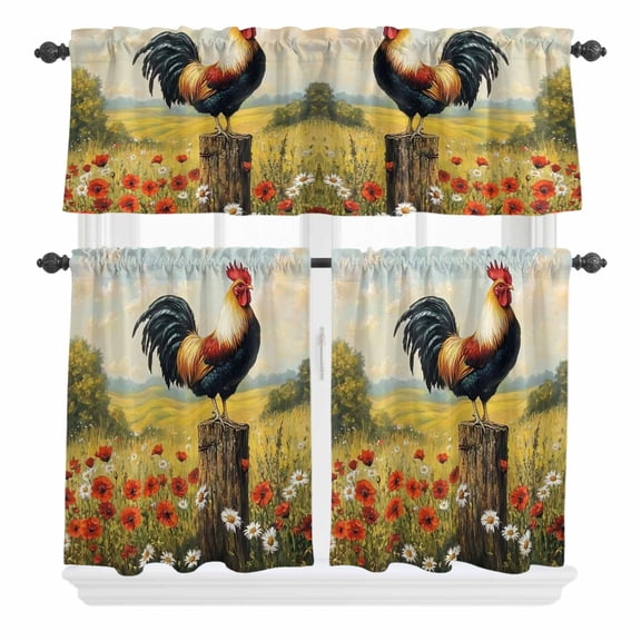 3 Piece Kitchen Curtains and Valances Set Spring Floral Rooster Cafe Curtains 24 Inch Length Farmhouse Vintage Rooster Valance & Tier Curtain for Living Room Bedroom Small Window 54"x18"+27"x24"*2