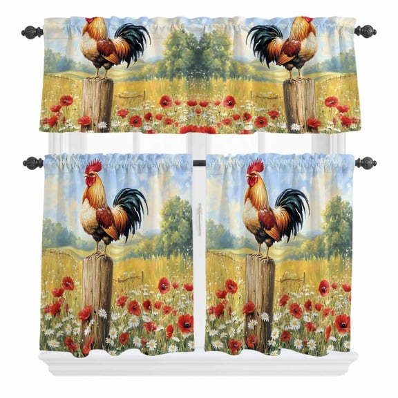 3 Piece Kitchen Curtains and Valances Set Spring Floral Rooster Cafe Curtains 24 Inch Length Retro Rooster Farmhouse Valance & Tier Curtain for Living Room Bedroom Small Window 54"x18"+27"x24"*2