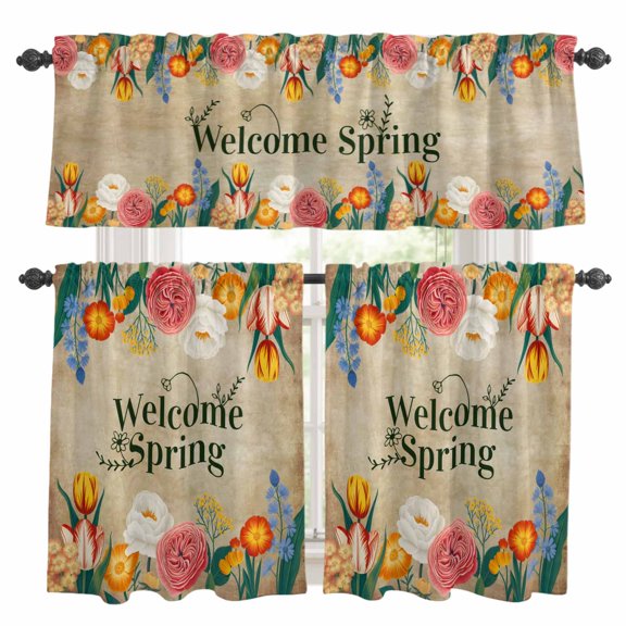 3 Piece Kitchen Curtains and Valances Set Spring Flowers Cafe Curtains 24 Inch Length Farmhouse Vintage Botanical Florals Plants Valance & Tier Curtain for Living Room Bedroom 54"x18"+27"x24"*2