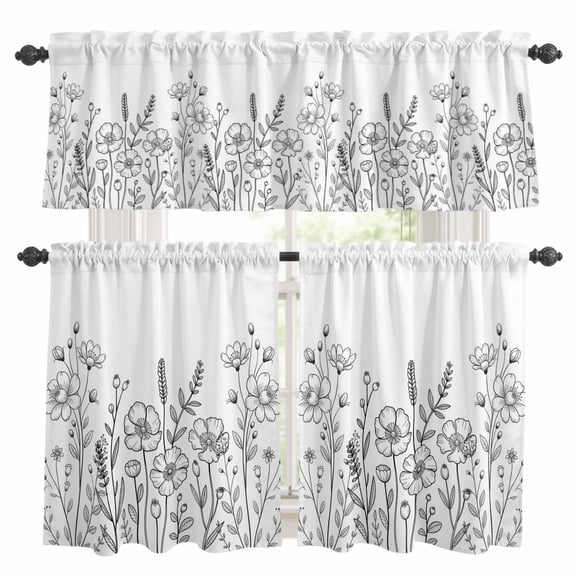 3 Piece Kitchen Curtains and Valances Set Spring Flowers Cafe Curtains 24 Inch Length Modern Simple Botanical Wildflowers Herbs Valance & Tier Curtain for Living Room Bedroom Window 54"x18"+27"x24"*2