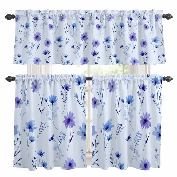 3 Piece Kitchen Curtains and Valances Set Spring Purple Flowers Cafe Curtains 24 Inch Length Wildflowers Pastoral Plants Country Valance & Tier Curtain for Living Room Bedroom 54"x18"+27"x24"*2