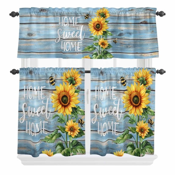 3 Piece Kitchen Curtains and Valances Set Spring Sunflower Cafe Curtains 24 Inch Length Bee Wooden Grain Country Rustic Valance & Tier Curtain for Living Room Bedroom Small Window 54"x18"+27"x24"*2