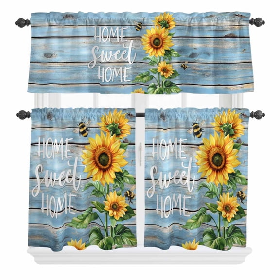 3 Piece Kitchen Curtains and Valances Set Spring Sunflower Cafe Curtains 24 Inch Length Bee Wooden Grain Country Rustic Valance & Tier Curtain for Living Room Bedroom Small Window 54"x18"+27"x24"*2