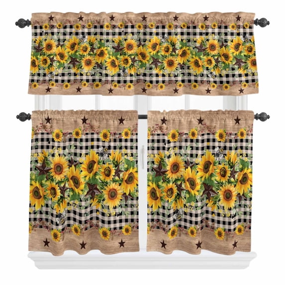 3 Piece Kitchen Curtains and Valances Set Spring Sunflower Cafe Curtains 36 Inch Length Checkered Star Farmhouse Retro Valance & Tier Curtain for Living Room Bedroom Small Window 54"x18"+27"x36"*2