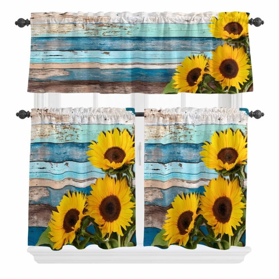 3 Piece Kitchen Curtains and Valances Set Spring Sunflowers Cafe Curtains 24 Inch Length Yellow Floral Turquoise Farmhouse Wood Grain Valance & Tier Curtain for Living Room Bedroom 54"x18"+27"x24"*2