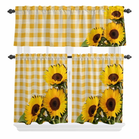 3 Piece Kitchen Curtains and Valances Set Spring Sunflowers Cafe Curtains 36 Inch Length Yellow White Plaid Farmhouse Rustic Valance & Tier Curtain for Living Room Bedroom Window 54"x18"+27"x36"*2