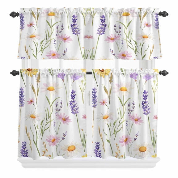 3 Piece Kitchen Curtains and Valances Set Spring Wildflowers Cafe Curtains 24 Inch Length Pastoral Botanical Flower Valance & Tier Curtain for Living Room Bedroom Small Window 54"x18"+27"x24"*2