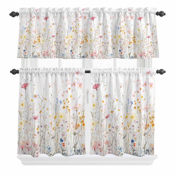 3 Piece Kitchen Curtains and Valances Set Spring Wildflowers Cafe Curtains 24 Inch Length Pastoral Rustic Farmhouse Botanical Valance & Tier Curtain for Living Room Bedroom Window 54"x18"+27"x24"*2