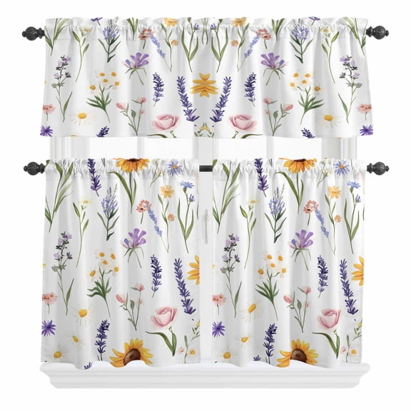 3 Piece Kitchen Curtains and Valances Set Spring Wildflowers Cafe Curtains 24 Inch Length Watercolor Botanical Floral Valance & Tier Curtain for Living Room Bedroom Small Window 54"x18"+27"x24"*2