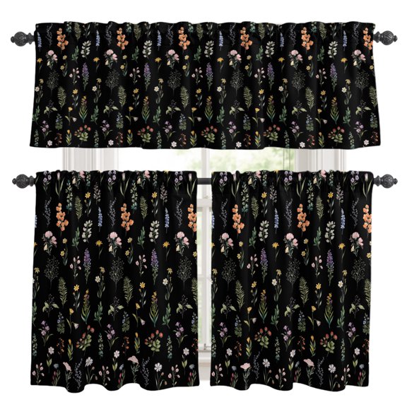 3 Piece Kitchen Curtains and Valances Set Spring Wildflowers Cafe Curtains 36 Inch Length Farmhouse Botanical Garden Floral Valance & Tier Curtain for Living Room Bedroom Window 54"x18"+27"x36"*2