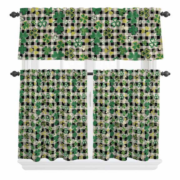 3 Piece Kitchen Curtains and Valances Set St Patrick's Day Cafe Curtains 24 Inch Length Lucky Shamrocks Farmhouse Retro Check Valance & Tier Curtain for Living Room Bedroom Window 54"x18"+27"x24"*2
