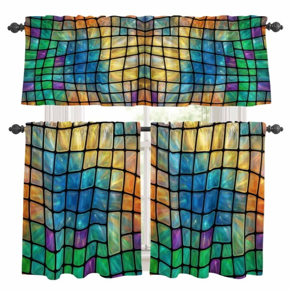 3 Piece Kitchen Curtains and Valances Set Stained Glass Cafe Curtains 36 Inch Length Abstract Colorful Plaid Geometric Modern Valance & Tier Curtain for Living Room Bedroom Window 54"x18"+27"x36"*2
