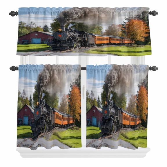 3 Piece Kitchen Curtains and Valances Set Steam Train Cafe Curtains 24 Inch Length Railroad Country Barn Rustic Trees Farmhouse Valance & Tier Curtain for Living Room Bedroom Window 54"x18"+27"x24"*2