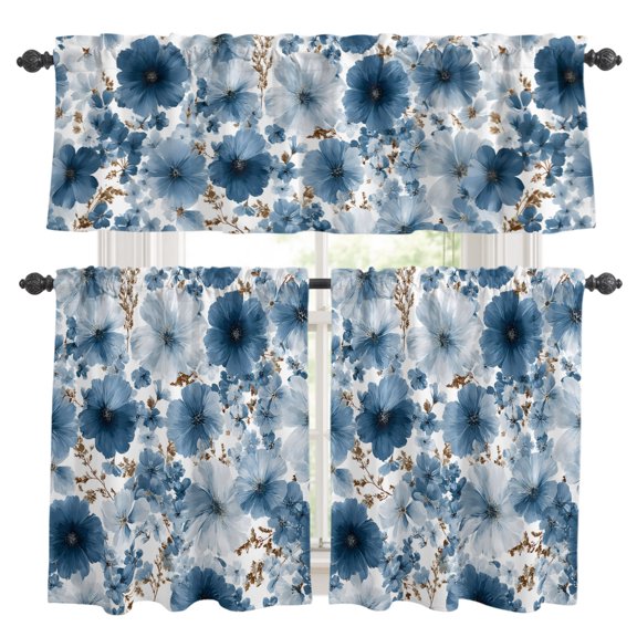 3 Piece Kitchen Curtains and Valances Set Steel Blue Daisy Petal Cafe Curtains 36 Inch Length Cosmos Wildflower Botanical Boho Florals Valance & Tier Curtain for Living Room Bedroom 54"x18"+27"x36"*2