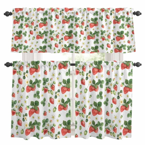 3 Piece Kitchen Curtains and Valances Set Strawberry Cafe Curtains 24 Inch Length Fruits Green Palm Leaves Red Watercolor Valance & Tier Curtain for Living Room Bedroom Small Window 54"x18"+27"x24"*2