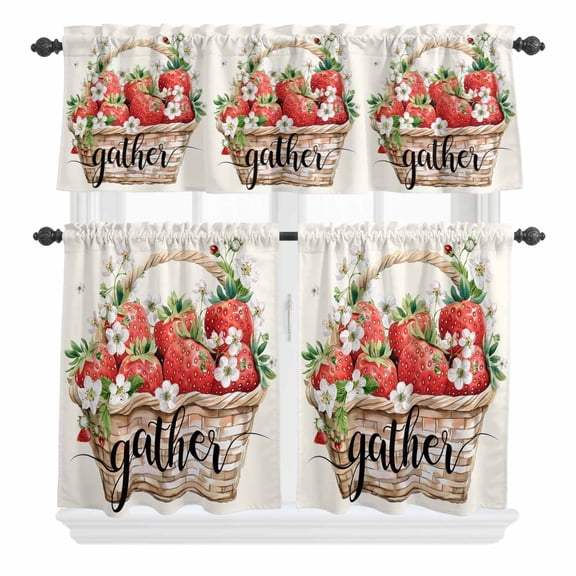 3 Piece Kitchen Curtains and Valances Set Strawberry Cafe Curtains 24 Inch Length Summer Fruits Basket Botanical Floral Valance & Tier Curtain for Living Room Bedroom Small Window 54"x18"+27"x24"*2