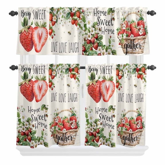 3 Piece Kitchen Curtains and Valances Set Strawberry Cafe Curtains 24 Inch Length Summer Fruits Green Botanical Floral Valance & Tier Curtain for Living Room Bedroom Small Window 54"x18"+27"x24"*2