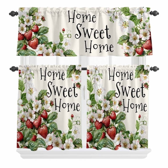 3 Piece Kitchen Curtains and Valances Set Strawberry Cafe Curtains 24 Inch Length Summer Fruits Spring Floral Botanical Valance & Tier Curtain for Living Room Bedroom Small Window 54"x18"+27"x24"*2