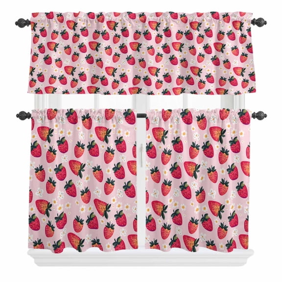 3 Piece Kitchen Curtains and Valances Set Strawberry Cafe Curtains 36 Inch Length Pink Spring Summer Rustic Floral Fruit Valance & Tier Curtain for Living Room Bedroom Small Window 54"x18"+27"x36"*2