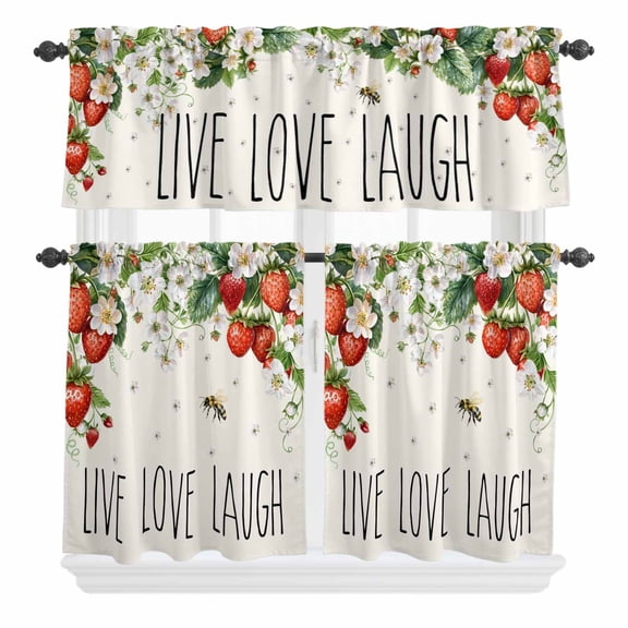 3 Piece Kitchen Curtains and Valances Set Strawberry Cafe Curtains 36 Inch Length Summer Fruits Bee Floral Botanical Valance & Tier Curtain for Living Room Bedroom Small Window 54"x18"+27"x36"*2