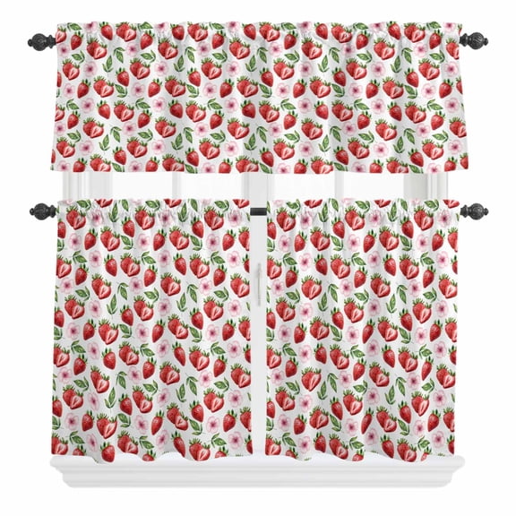 3 Piece Kitchen Curtains and Valances Set Strawberry Cafe Curtains 36 Inch Length Tropical Summer Red Fruit Cherry Blossoms Valance & Tier Curtain for Living Room Bedroom Window 54"x18"+27"x36"*2