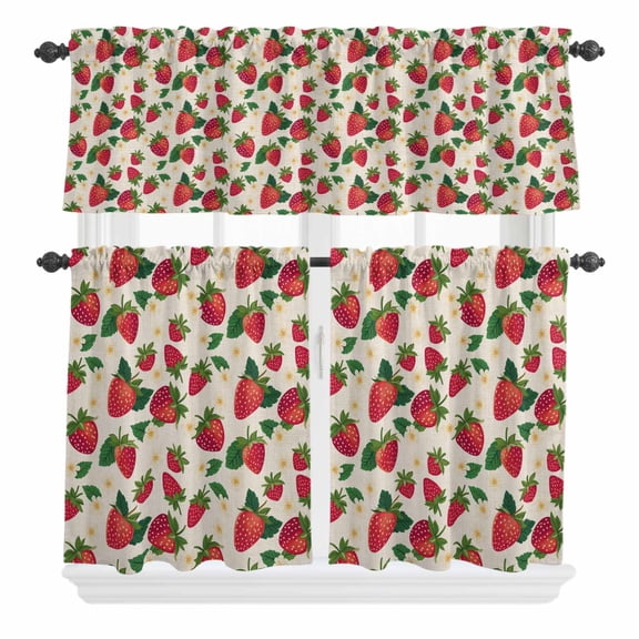 3 Piece Kitchen Curtains and Valances Set Strawberry Rustic Cafe Curtains 36 Inch Length Beige Spring Summer Floral Fruit Valance & Tier Curtain for Living Room Bedroom Small Window 54"x18"+27"x36"*2