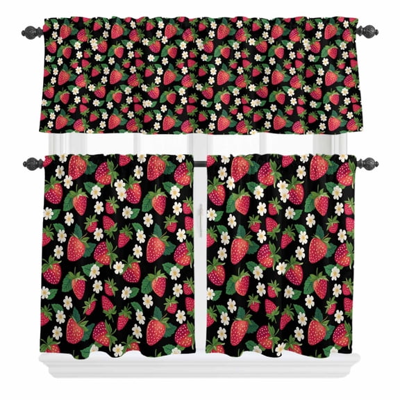 3 Piece Kitchen Curtains and Valances Set Strawberry Rustic Cafe Curtains 36 Inch Length Black Spring Summer Floral Fruit Valance & Tier Curtain for Living Room Bedroom Small Window 54"x18"+27"x36"*2