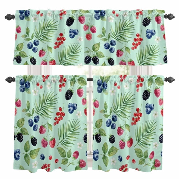 3 Piece Kitchen Curtains and Valances Set Summer Berry Cafe Curtains 24 Inch Length Botanical Blueberry Raspberry Flowers Leaves Valance & Tier Curtain for Living Room Bedroom 54"x18"+27"x24"*2