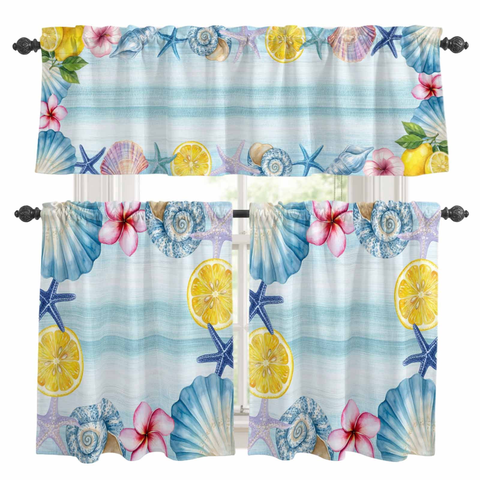 3 Piece Kitchen Curtains and Valances Set Summer Coastal Cafe Curtains ...