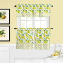 3-Piece Kitchen Curtains and Valances Set, Summer Lemon Moroccan Plaid Rod Pocket Soft Kitchen Curtain Set, Washable Kitchen Window Curtains Set, Tropical Green Leaves