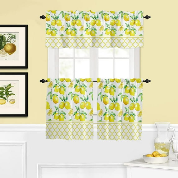 3-Piece Kitchen Curtains and Valances Set, Summer Lemon Moroccan Plaid Rod Pocket Soft Kitchen Curtain Set, Washable Kitchen Window Curtains Set, Tropical Green Leaves