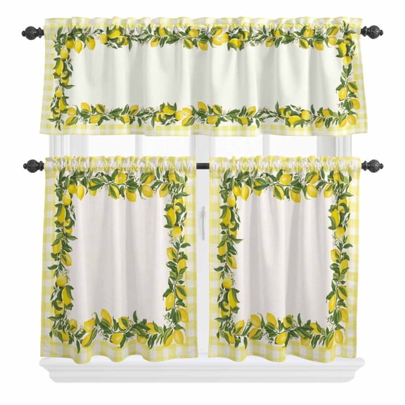 3 Piece Kitchen Curtains and Valances Set Summer Lemons Cafe Curtains 24 Inch Length Farmhouse Fruits Yellow Buffalo Plaid Valance & Tier Curtain for Living Room Bedroom Window 54"x18"+27"x24"*2