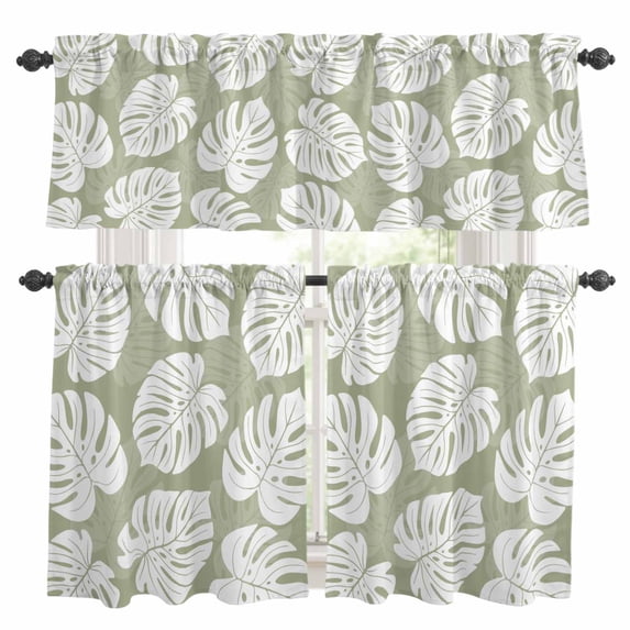 3 Piece Kitchen Curtains and Valances Set Summer Monstera Leaves Cafe ...