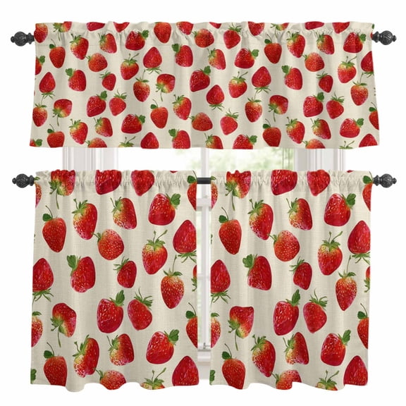 3 Piece Kitchen Curtains and Valances Set Summer Red Strawberry Cafe Curtains 36 Inch Length Garden Fruits Farmhouse Rustic Valance & Tier Curtain for Living Room Bedroom Window 54"x18"+27"x36"*2