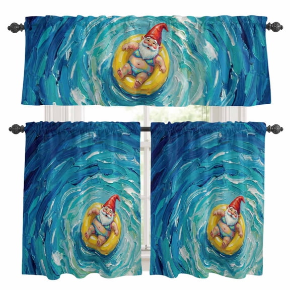 3 Piece Kitchen Curtains and Valances Set Summer Santa Cafe Curtains 36 Inch Length Blue Ocean Oil Painting Swimming Ring Valance & Tier Curtain for Living Room Bedroom Small Window 54"x18"+27"x36"*2