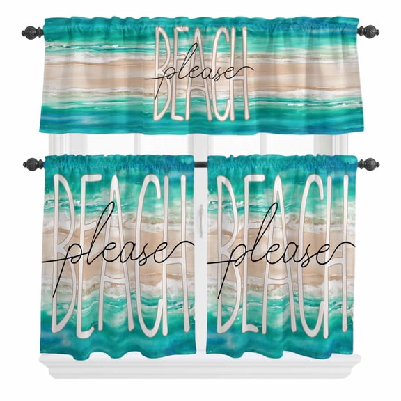 3 Piece Kitchen Curtains and Valances Set Summer Turquoise Beach Cafe Curtains 24 Inch Length Sand Coastal Waves Gradient Valance & Tier Curtain for Living Room Bedroom Small Window 54"x18"+27"x24"*2