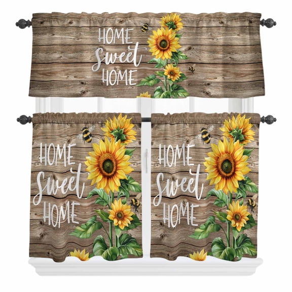 3 Piece Kitchen Curtains and Valances Set Sunflower Brown Cafe Curtains 24 Inch Length Farmhouse Bee Country Wooden Grain Valance & Tier Curtain for Living Room Bedroom Small Window 54"x18"+27"x24"*2