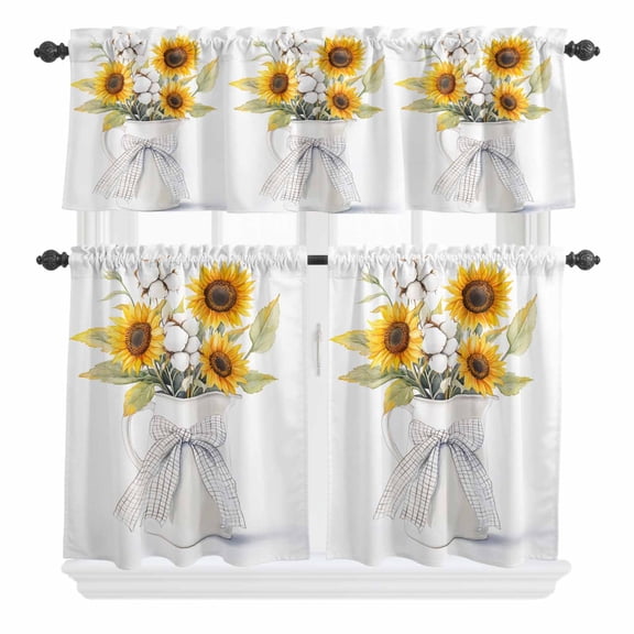 3 Piece Kitchen Curtains and Valances Set Sunflower Cafe Curtains 24 Inch Length Cotton Flower Farm Plant Bow Ribbon Lattice Valance & Tier Curtain for Living Room Bedroom Window 54"x18"+27"x24"*2