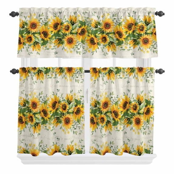 3 Piece Kitchen Curtains and Valances Set Sunflower Cafe Curtains 24 Inch Length Country Botanical Yellow Green Floral Leaf Valance & Tier Curtain for Living Room Bedroom Window 54"x18"+27"x24"*2