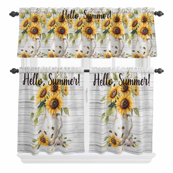 3 Piece Kitchen Curtains and Valances Set Sunflower Cafe Curtains 24 Inch Length Summer Bee Wildflower Vintage Grey Wood Grain Valance & Tier Curtain for Living Room Bedroom Window 54"x18"+27"x24"*2