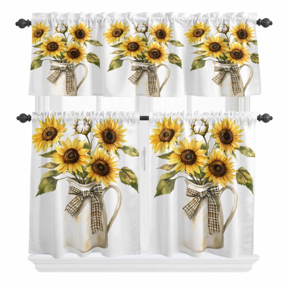 3 Piece Kitchen Curtains and Valances Set Sunflower Cafe Curtains 24 Inch Length Watercolor Wildflowers Blossoming Floral Valance & Tier Curtain for Living Room Bedroom Small Window 54"x18"+27"x24"*2