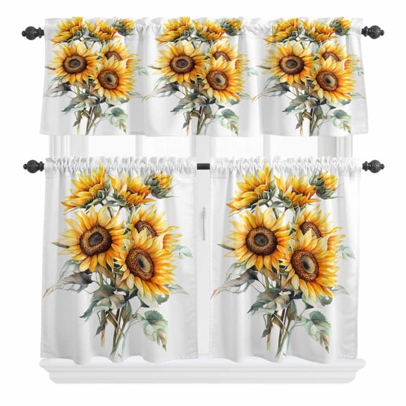 3 Piece Kitchen Curtains and Valances Set Sunflower Cafe Curtains 24 Inch Length Wildflower Garden Floral Watercolor Yellow Valance & Tier Curtain for Living Room Bedroom Window 54"x18"+27"x24"*2