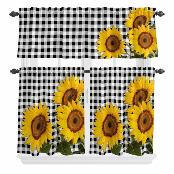 3 Piece Kitchen Curtains and Valances Set Sunflower Cafe Curtains 24 Inch Length Yellow Spring Flora Summer Botanical Plaid Valance & Tier Curtain for Living Room Bedroom Window 54"x18"+27"x24"*2