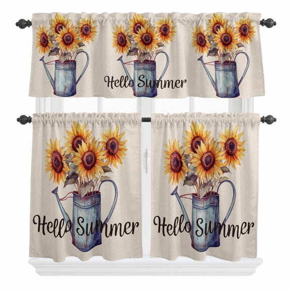 3 Piece Kitchen Curtains and Valances Set Sunflower Cafe Curtains 24 Inch Length Yellow Wildflower Garden Motifs Watercolor Valance & Tier Curtain for Living Room Bedroom Window 54"x18"+27"x24"*2